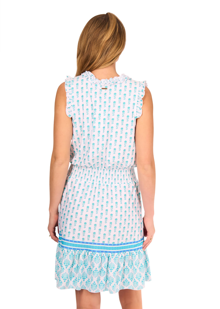 Back of Woman wearing Amalfi Coast Smocked Waist Dress.