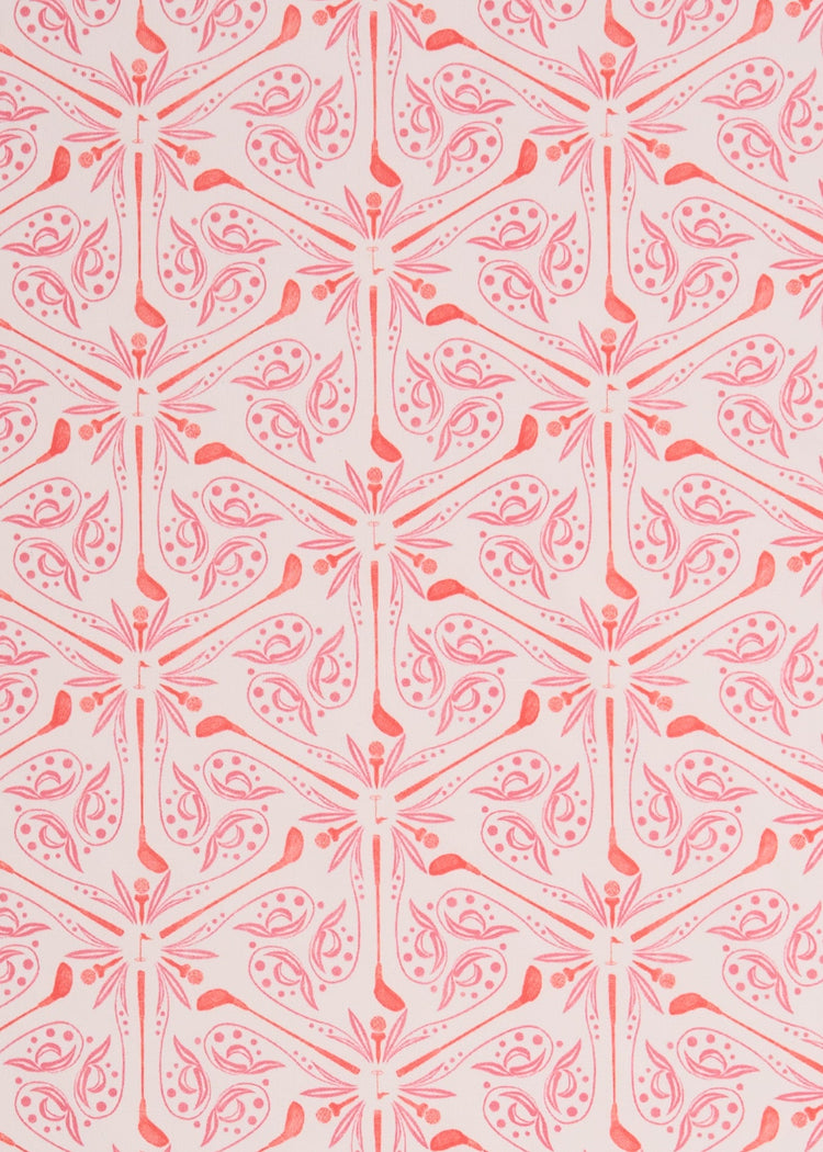 A close up of the UPF 50+ orange and purple golf printed fabric on the Cabana Life Golf Short Sleeve Collared 1/4 Zip.