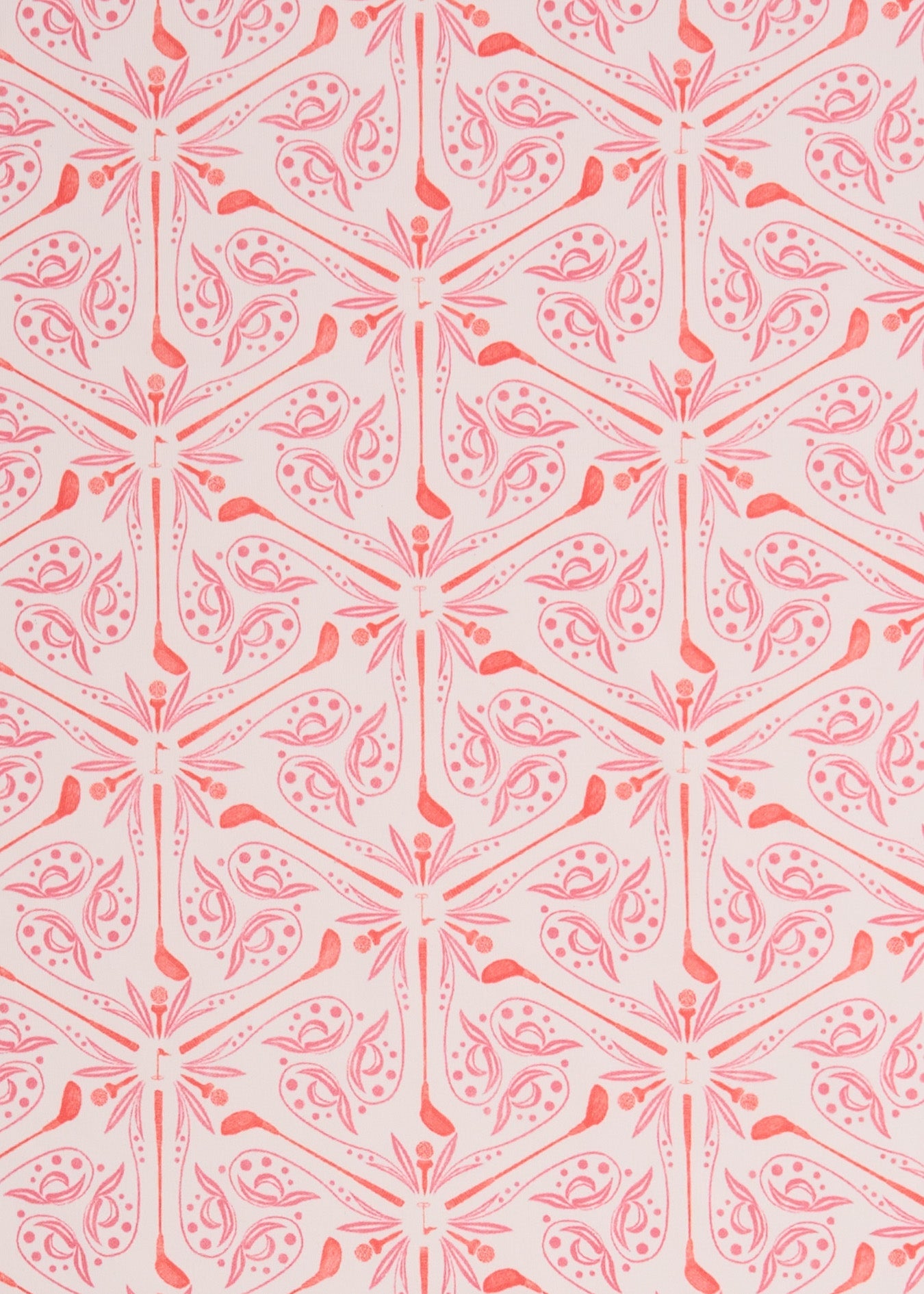 A close up of the UPF 50+ orange and purple golf printed fabric on the Cabana Life Golf 1/4 Zip Sport Top.