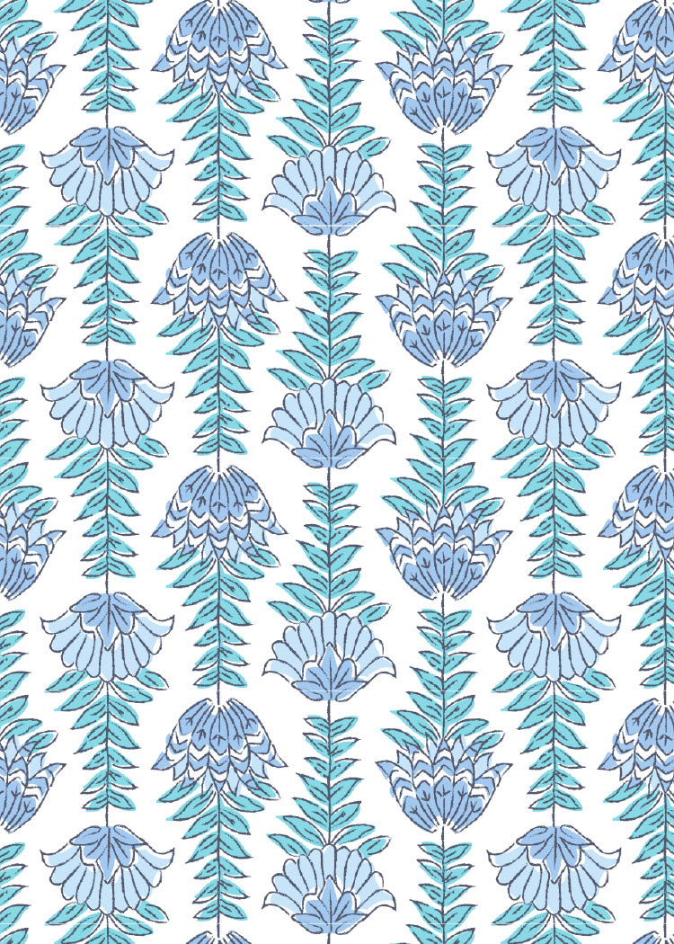 Pattern of blue floral and leaf designs on a white background