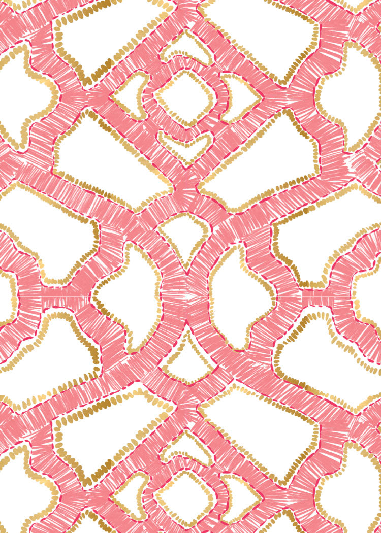Patterned fabric with pink and gold design on a white background