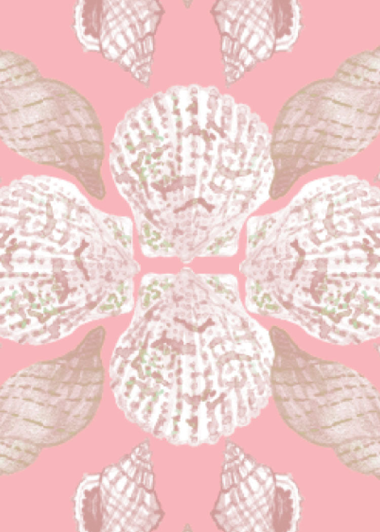 A close up of the Coast print with a pink background and white and beige shells.