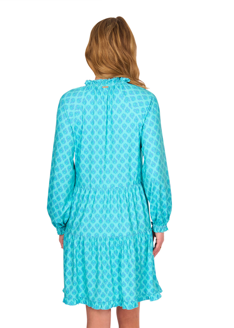 Back of blonde woman wearing Amalfi Coast Embroidered Tiered Dress