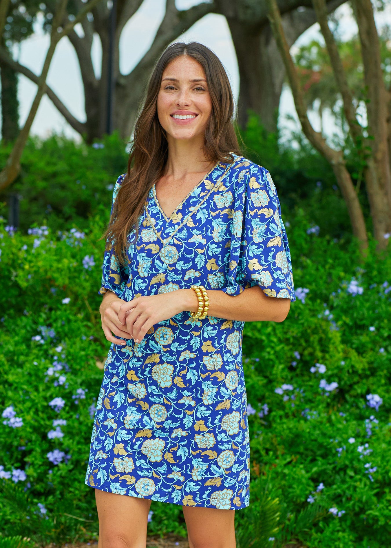 Navy Floral Metallic Embroidered Flutter Sleeve Shift Dress - XS Navy Floral Metallic Embroidered Flutter Sleeve Shift Dress - XS