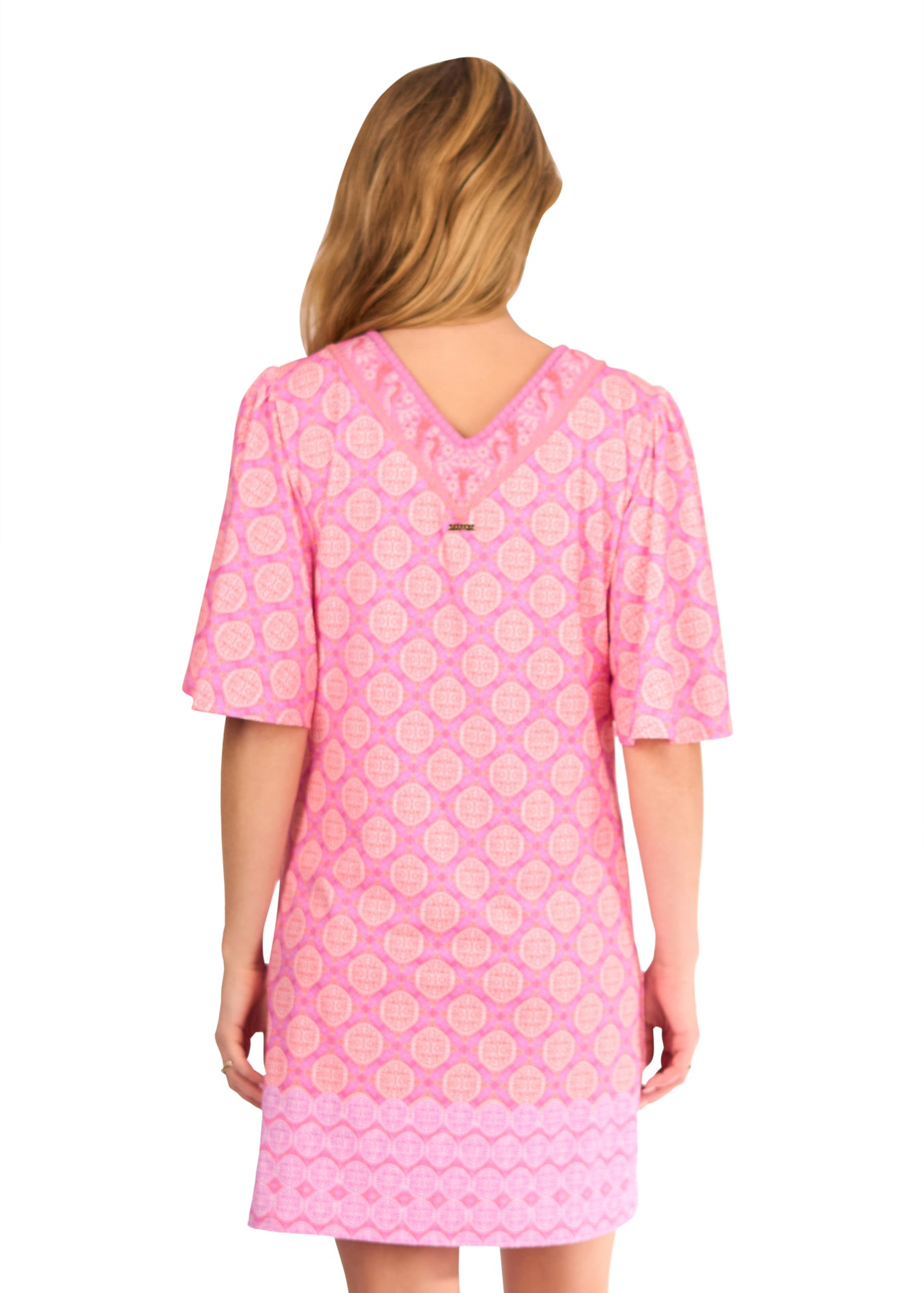 back of woman in Provence Embroidered Flutter Sleeve Shift Dress