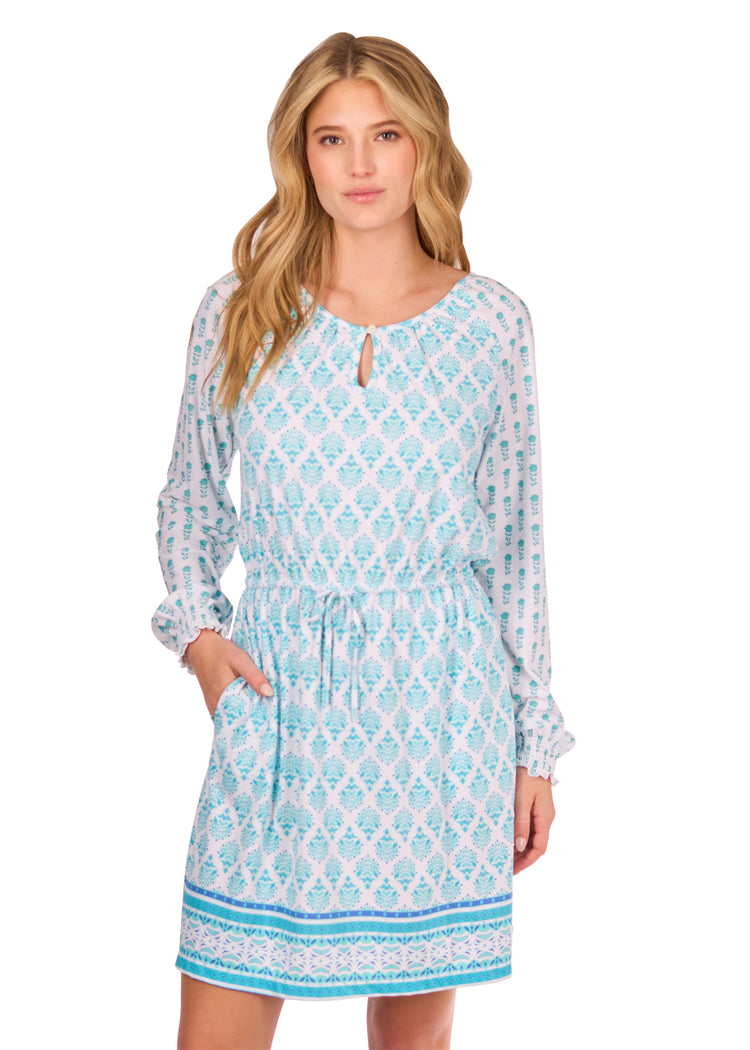 Woman in Amalfi Coast Long Sleeve Tie Waist Dress
