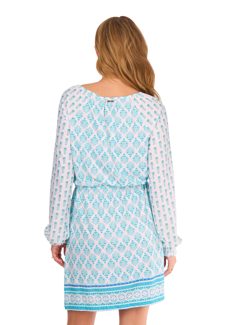 Back of woman in Amalfi Coast Long Sleeve Tie Waist Dress