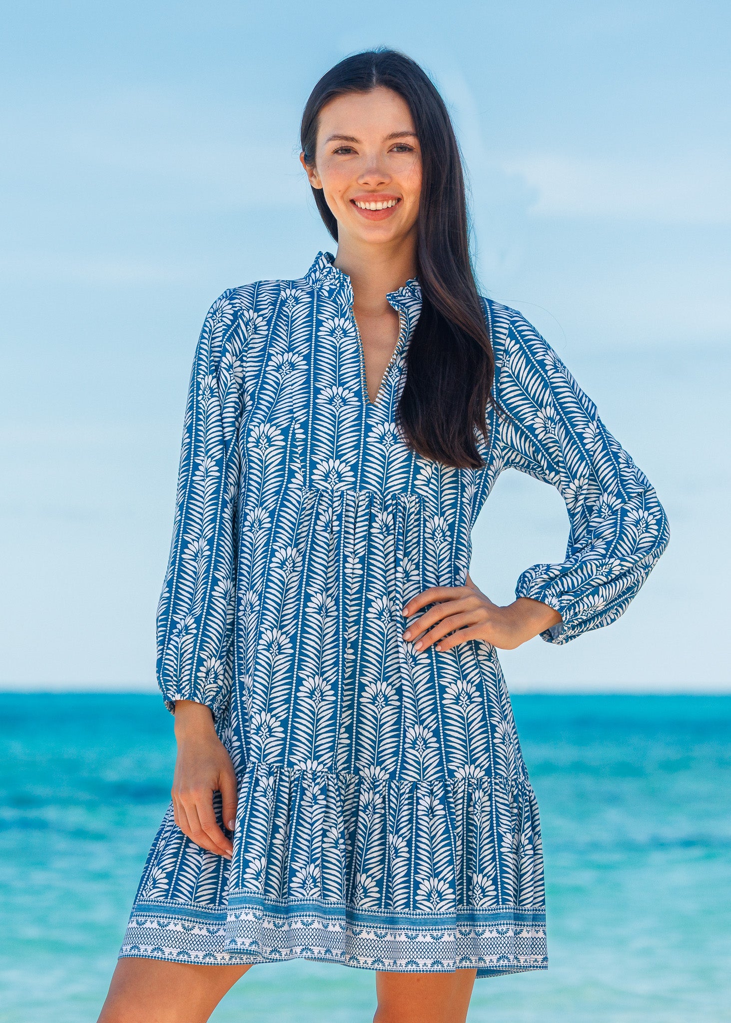 white christmas dresses Cabana Life Relaxed Fit Drop Waist Dress UPF 50, Size XL, Blue/Cream