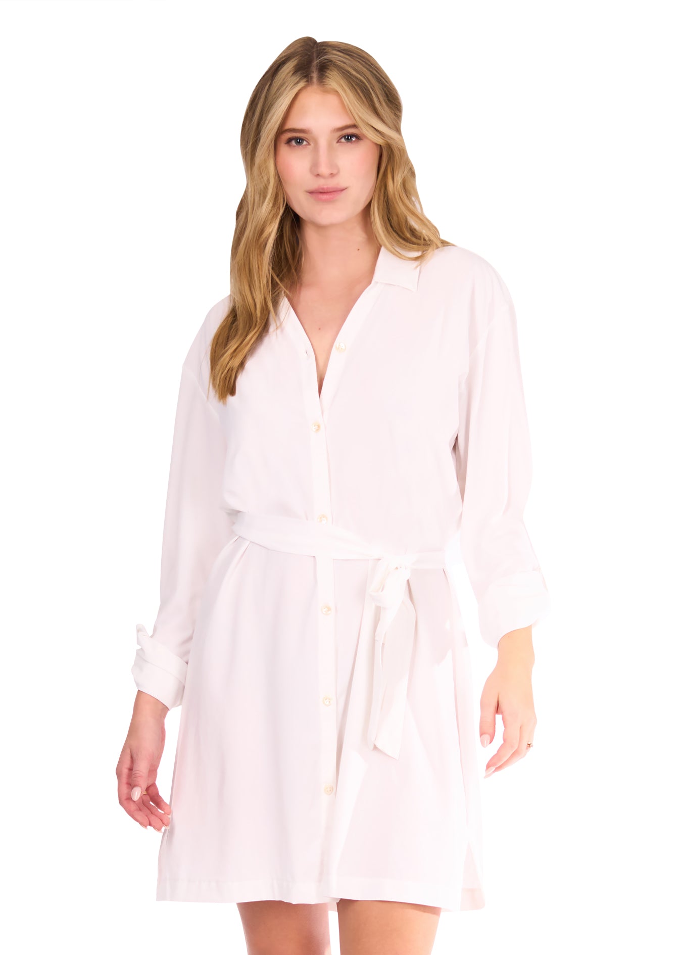 Woman in White Button Down Shirt Dress