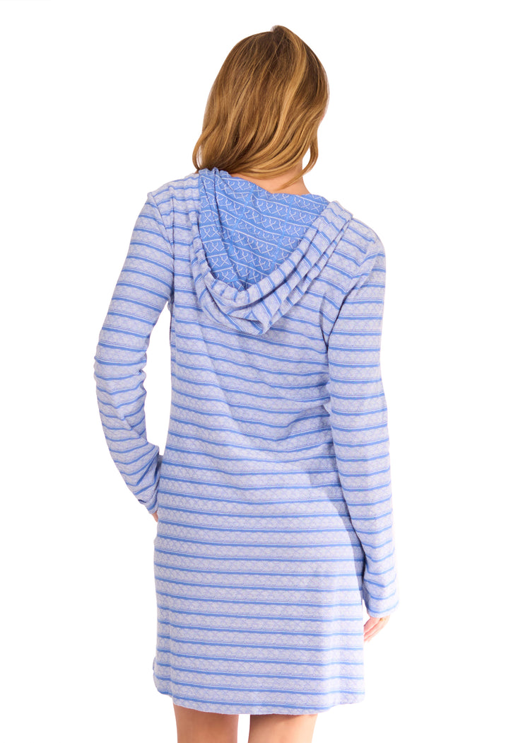 Back of woman in Blue Hoodie Dress