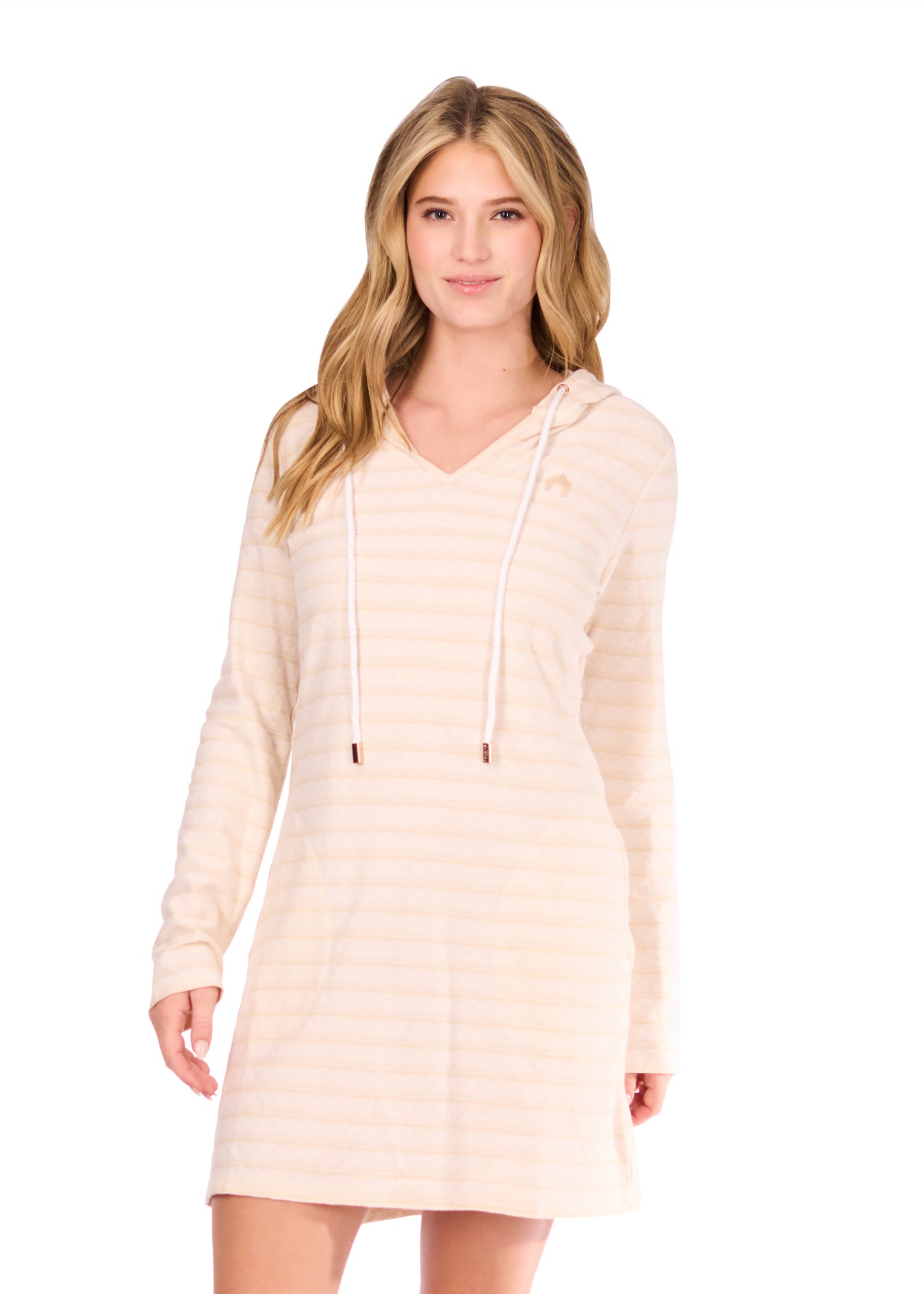 Woman in Cream Hoodie Dress