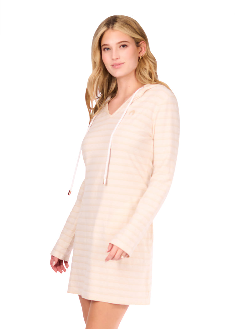 Side of woman in Cream Hoodie Dress