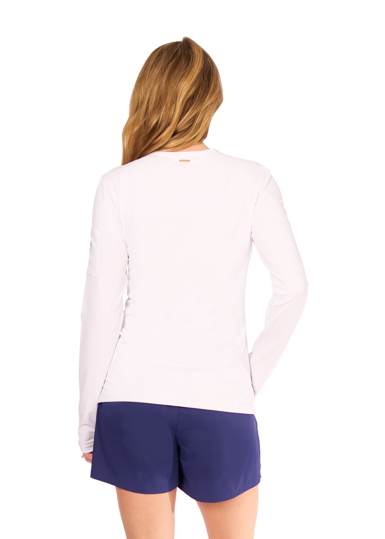 Back of woman in White Sun Shirt and Navy Performance Short