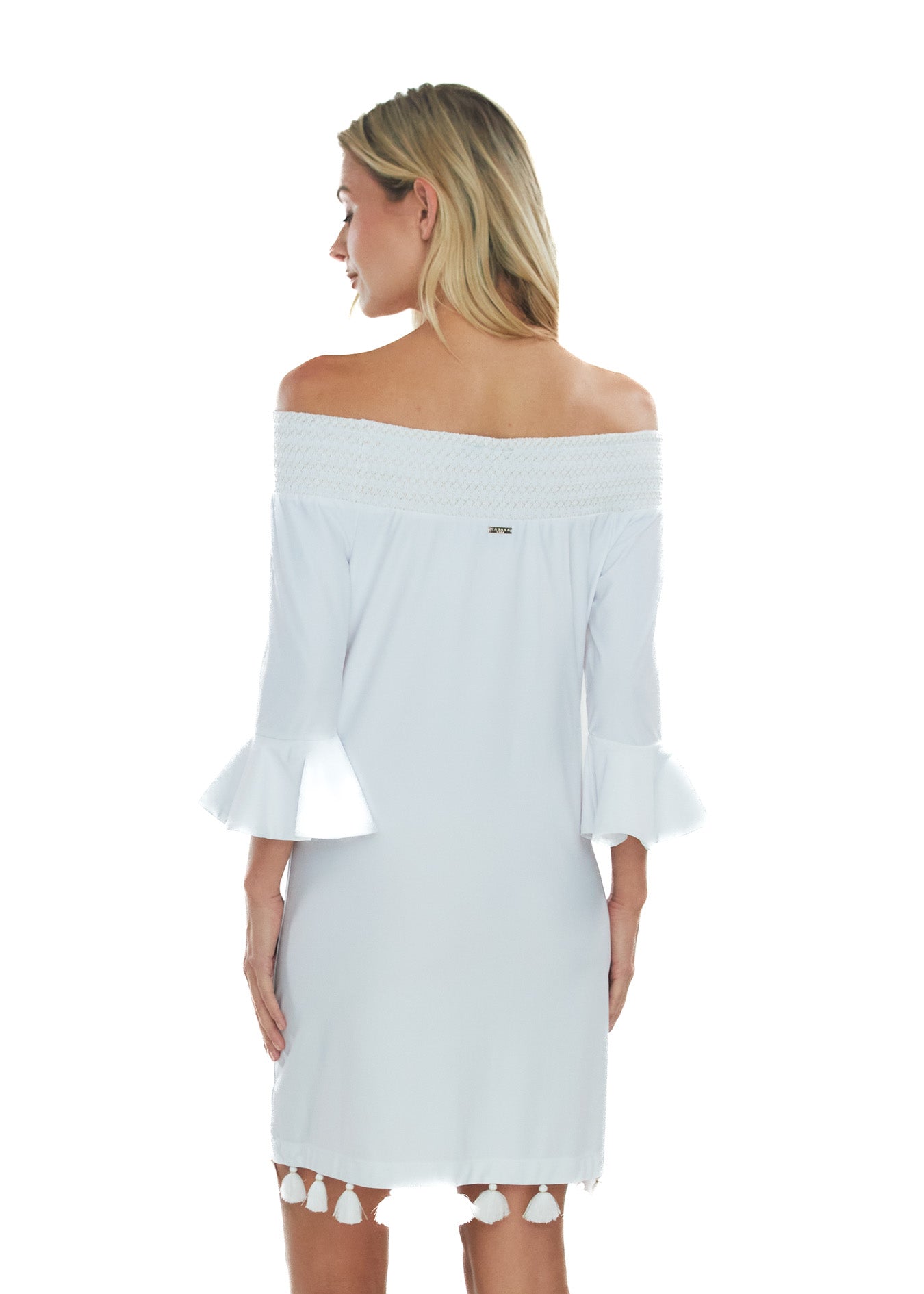 Blonde model wearing the White Embroidered Off The Shoulder Dress with hands at sides.