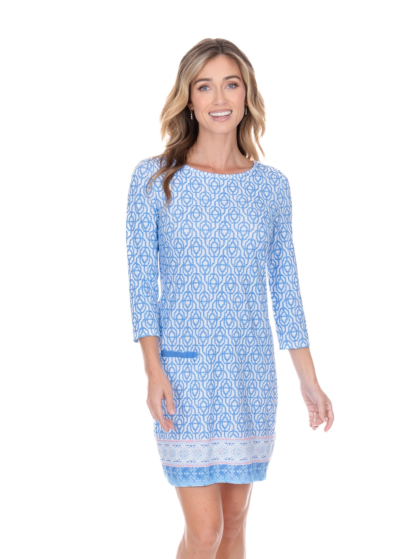 Blonde women wearing the Lake Como Cabana Shift Dress.