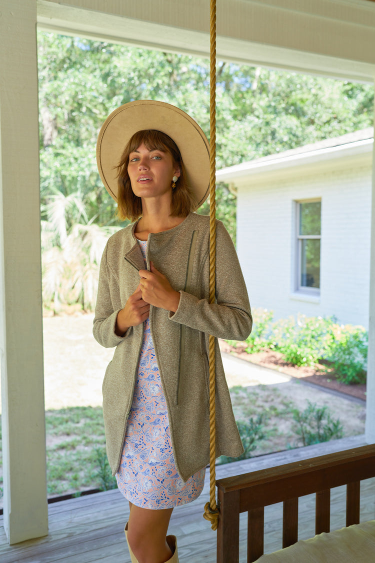 Woman wearing Marion Square Cabana Shift Dress and over coat