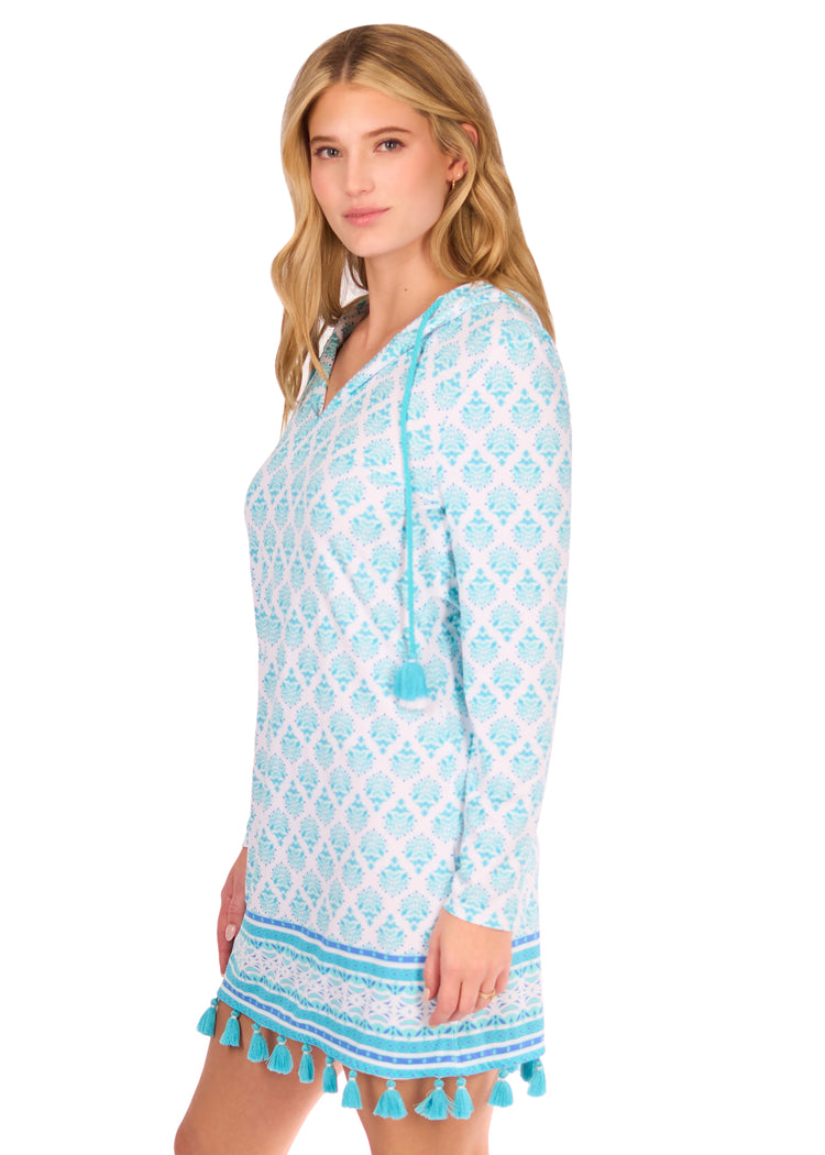 Side of woman in Amalfi Coast Hooded Cover Up