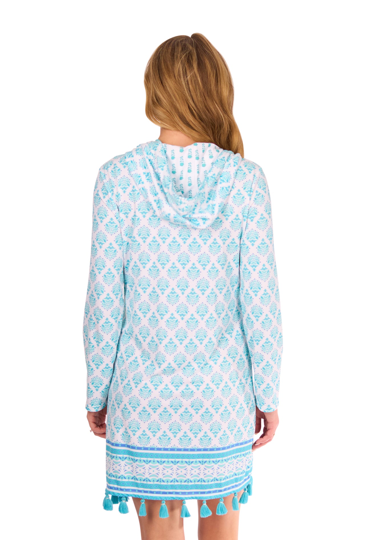 Back of woman in Amalfi Coast Hooded Cover Up