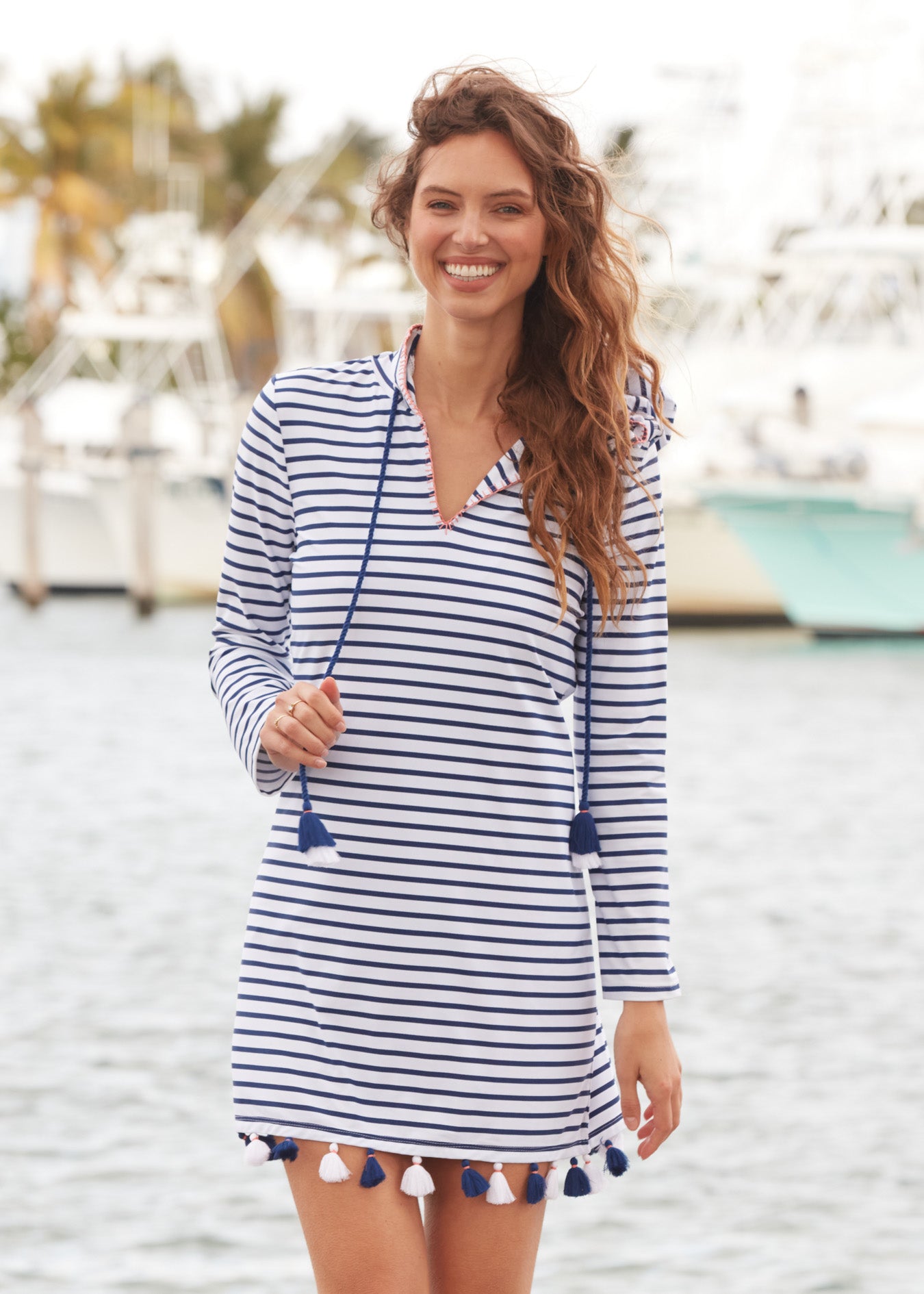 Women's Navy Stripe Hooded Cover Up | UPF 50+