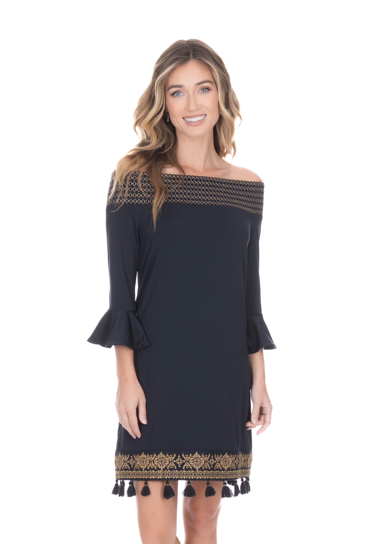 Blonde woman wearing the Black/Gold Metallic Embroidered Off The Shoulder Dress while smiling.