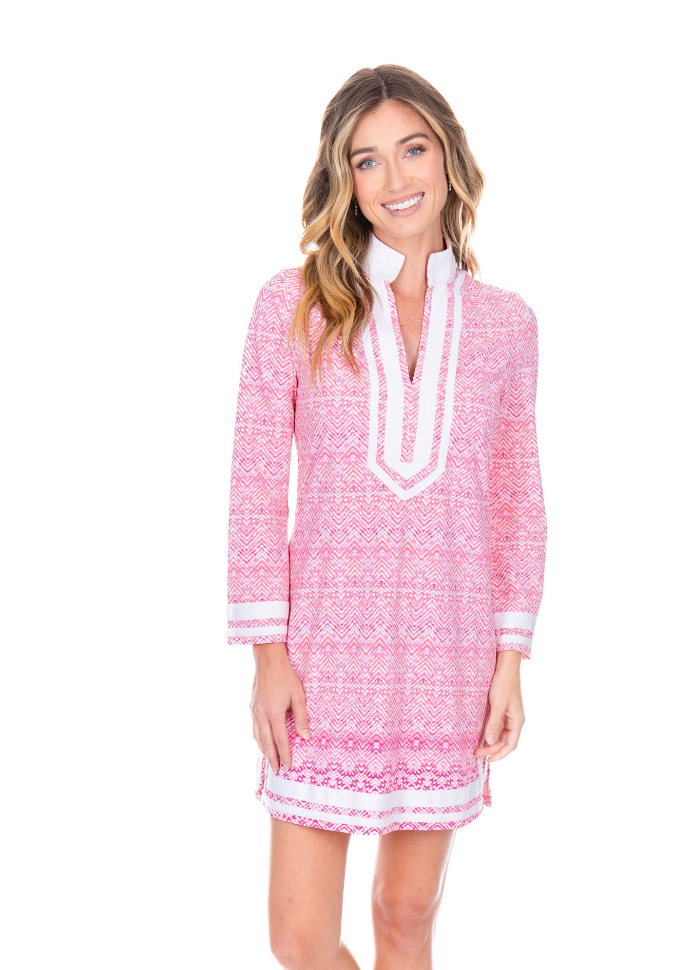 Blonde model wearing the Algarve Tunic Dress while facing the front.