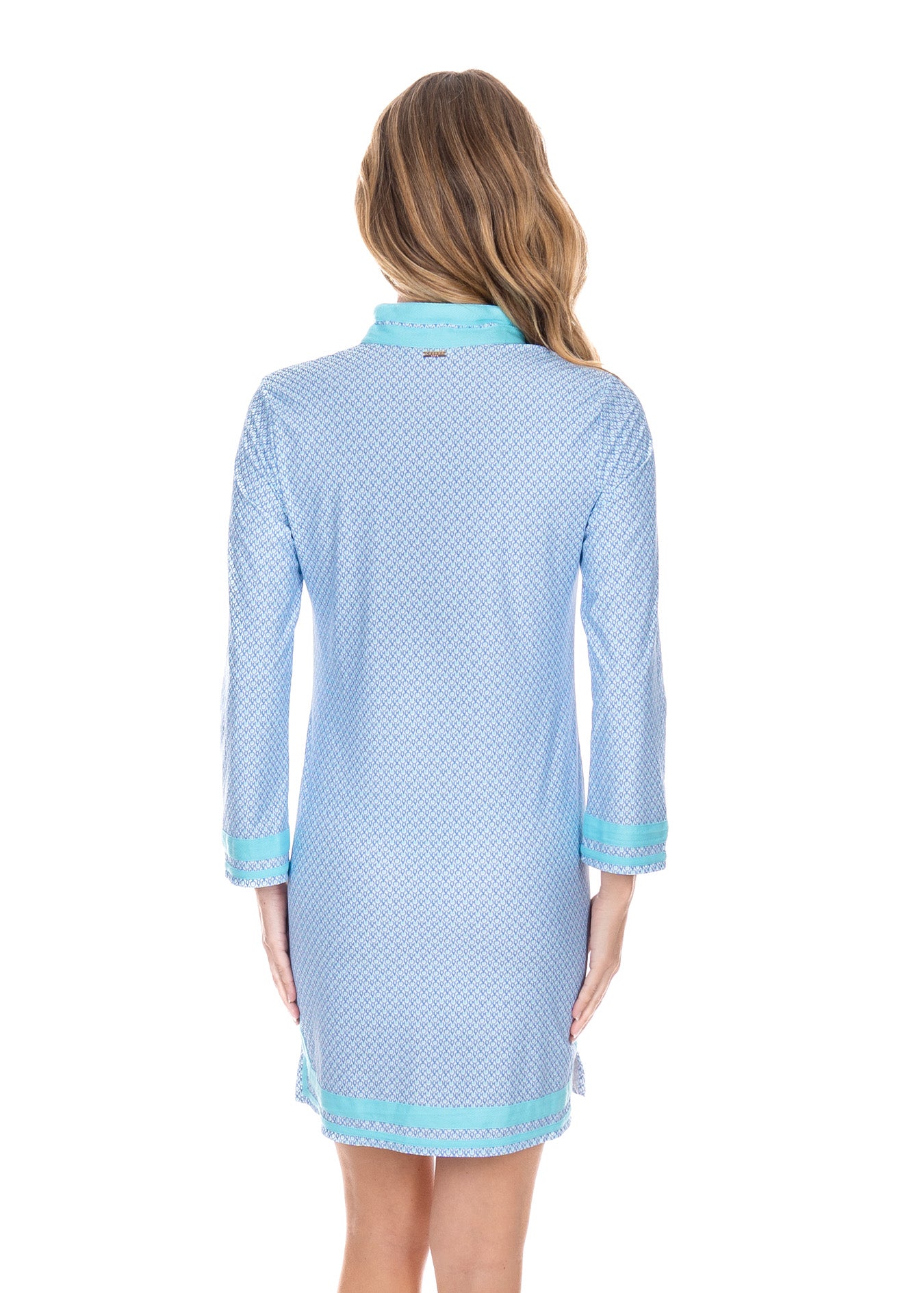 Back of blonde model wearing the Lake Como Tunic Dress.