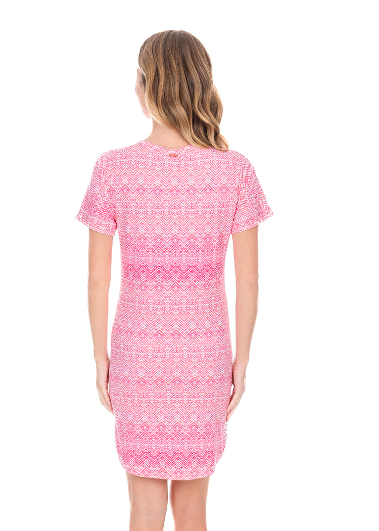 Back of blonde woman wearing the Algarve Short Sleeve Tee Dress.