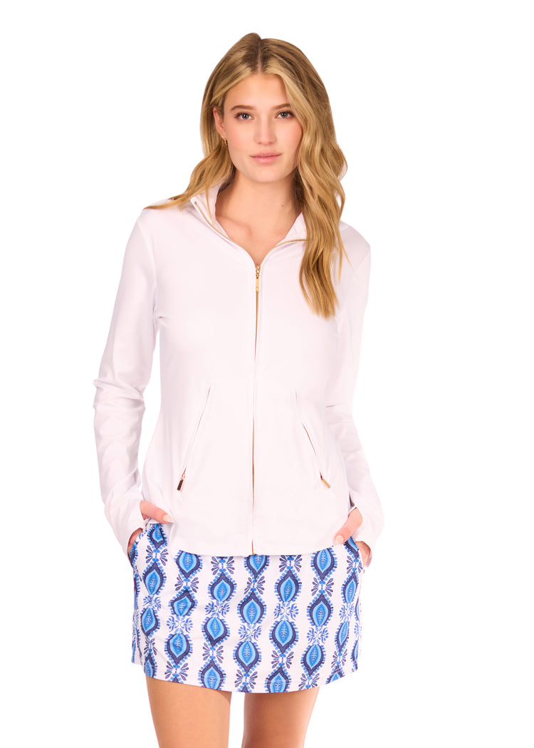 Woman wearing White Athletic Jacket with San Sebastian Skort