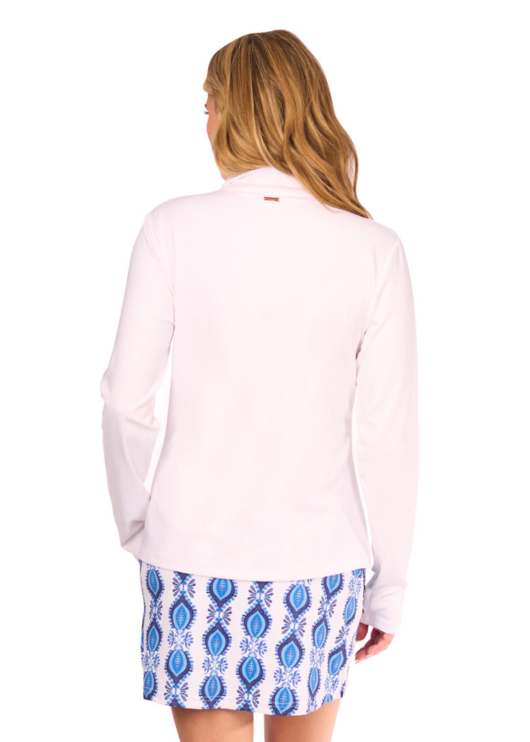 Back of woman wearing White Athletic Jacket with San Sebastian Skort