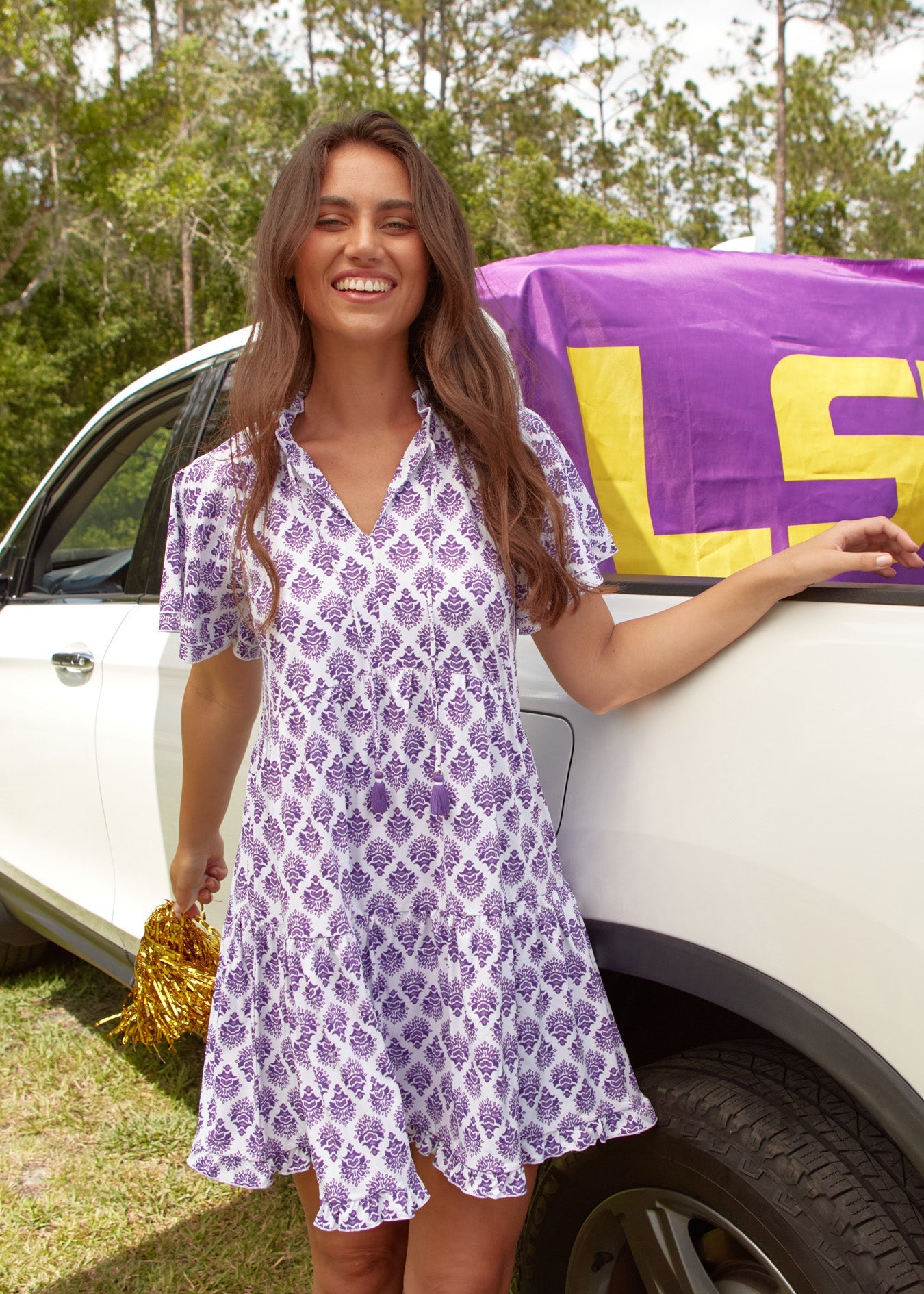 Purple Game Day Short Sleeve Tiered Dress - XS Purple Game Day Short Sleeve Tiered Dress - XS