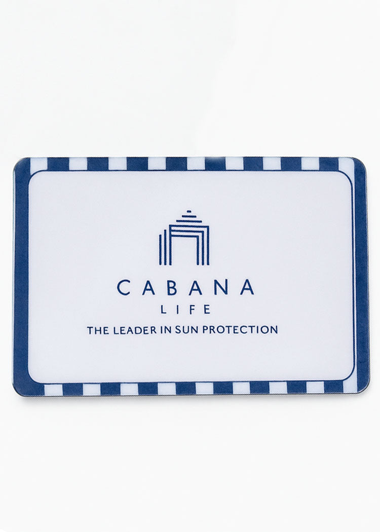 photo of a gift card with a blue and when striped border and the Cabana Life logo