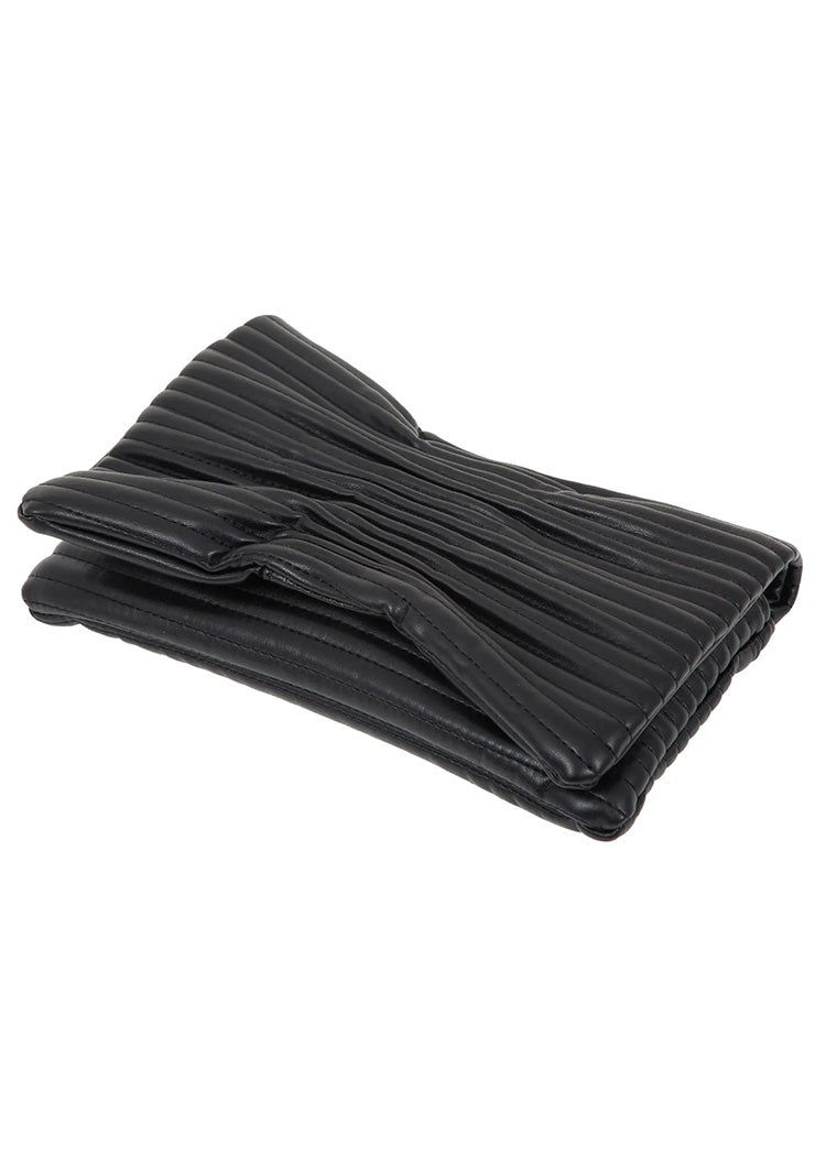 Black quilted envelope clutch on a white background