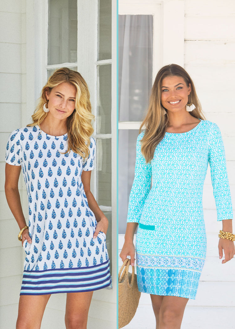 A split screen collage of blonde woman wearing the Cabana Life sun protective Delray Short Sleeve Shift Dress with her hands in pockets in front of a house and a brunette woman wearing the Coastal Cottage Cabana Shift Dress holding a purse in front of a white house.