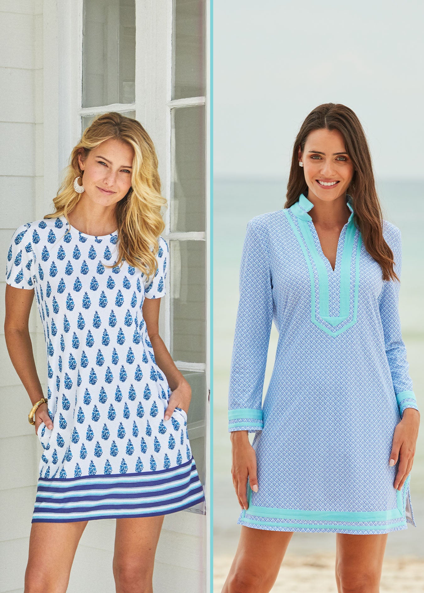 A split screen collage of blonde woman wearing the Cabana Life sun protective Delray Short Sleeve Shift Dress with her hands in pockets in front of a house and a brunette woman wearing the Lake Como Tunic Dress on the beach.