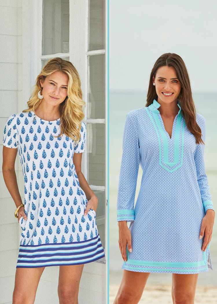 A split screen collage of blonde woman wearing the Cabana Life sun protective Delray Short Sleeve Shift Dress with her hands in pockets in front of a house and a brunette woman wearing the Lake Como Tunic Dress on the beach.