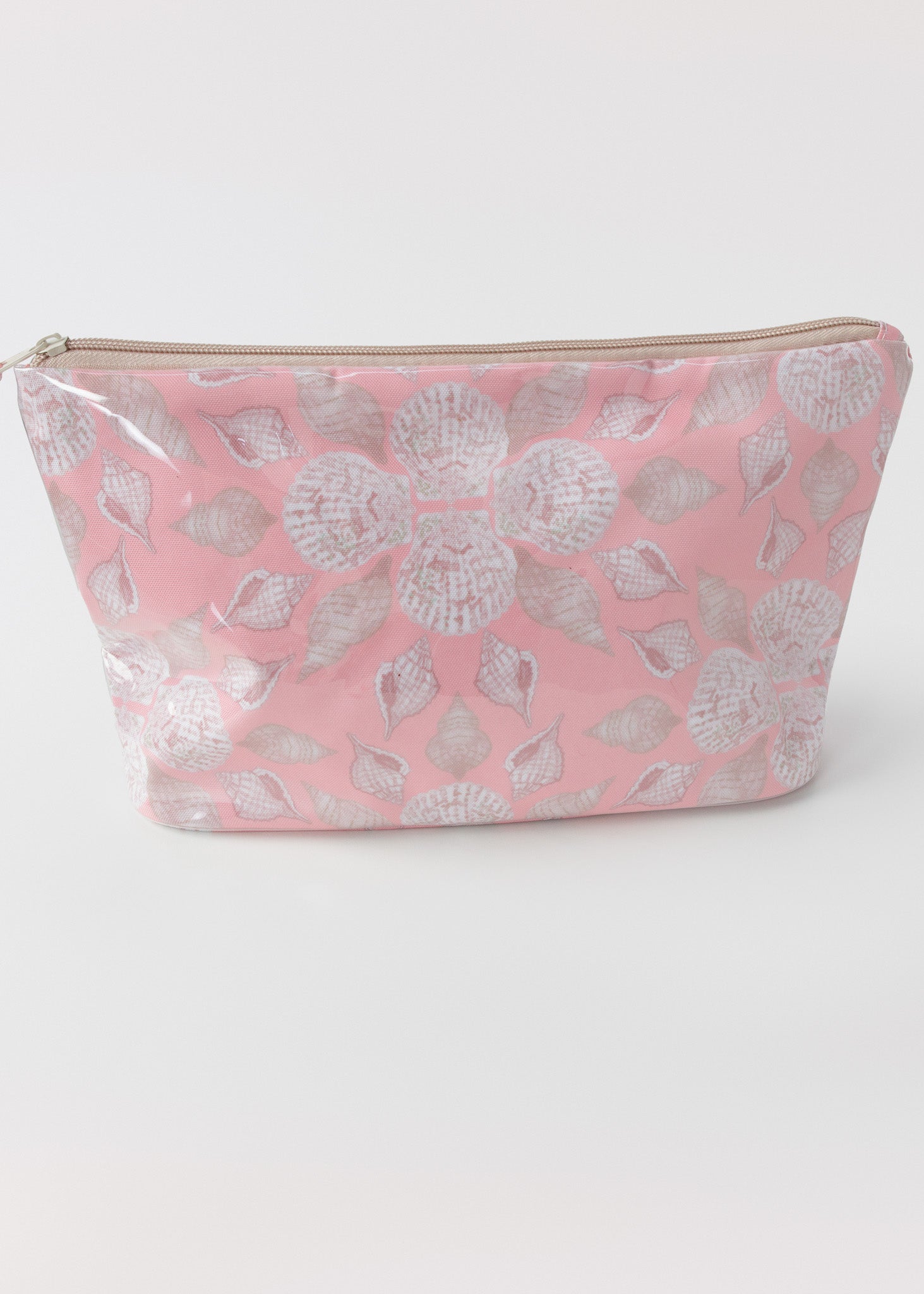 Pink accessory bag with seashell pattern on a white background