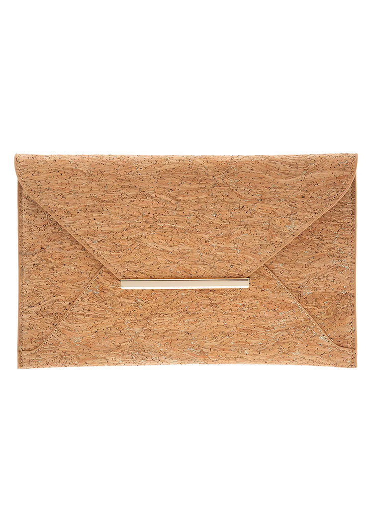 Cork envelope clutch with a gold bar on a white background