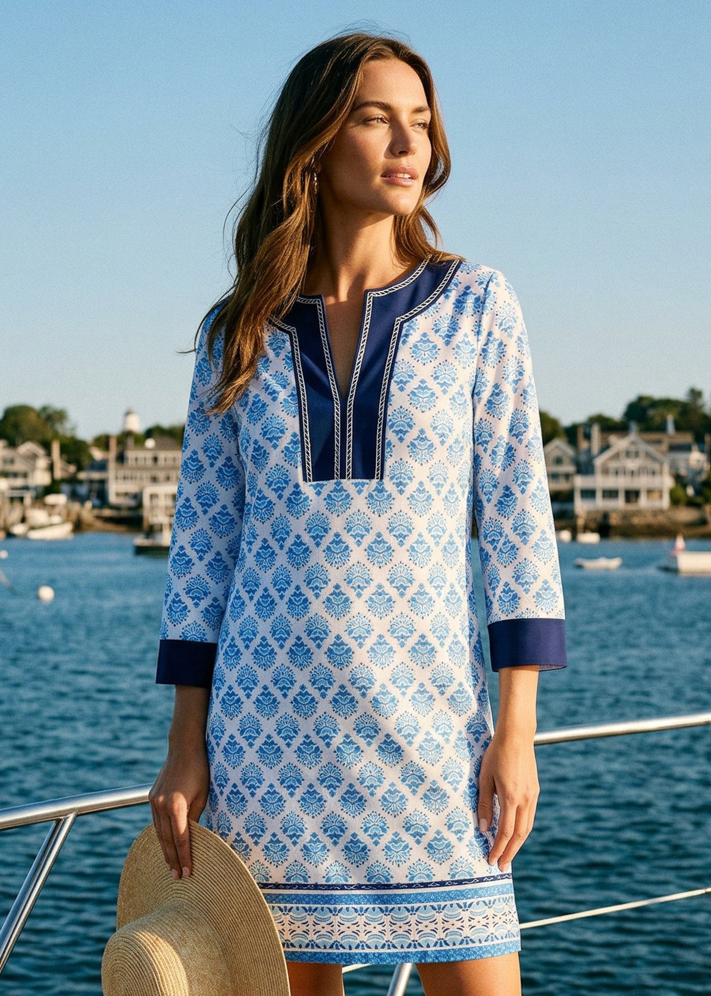 Woman wearing a blue and white patterned dress on a boat with a harbor background