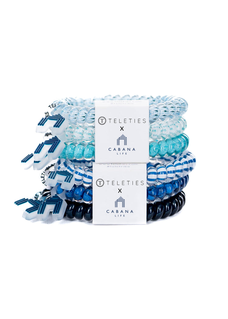 Amalfi Coast Cabana Life x Teleties Hair Tie 3-Pack and San Sebastian Cabana Life x Teleties Hair Tie 3-Pack stacked on white background