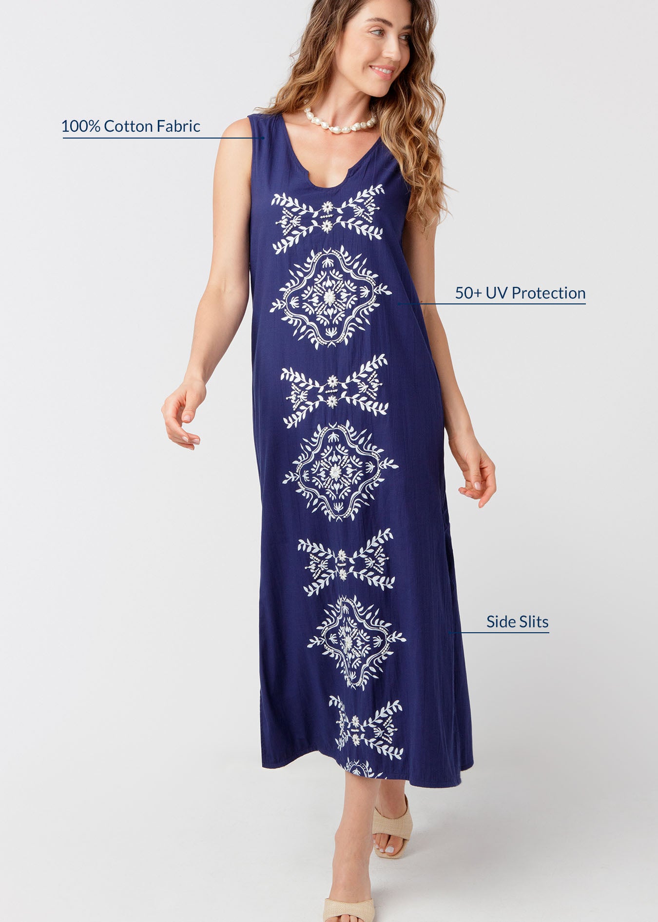 Woman wearing a navy dress with product feature callouts.