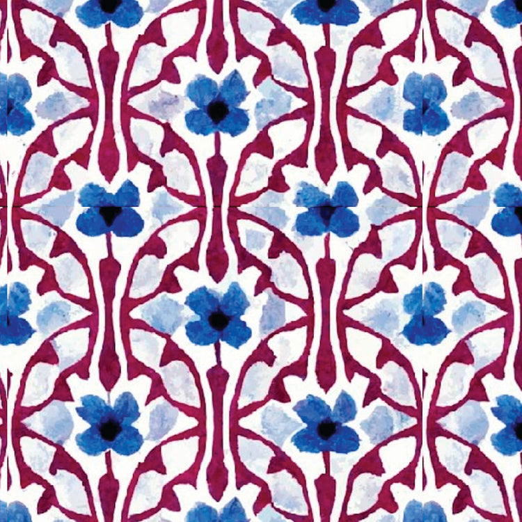 A close up of the sun protective Concord pattern with blue flowers and red and white abstract shapes.