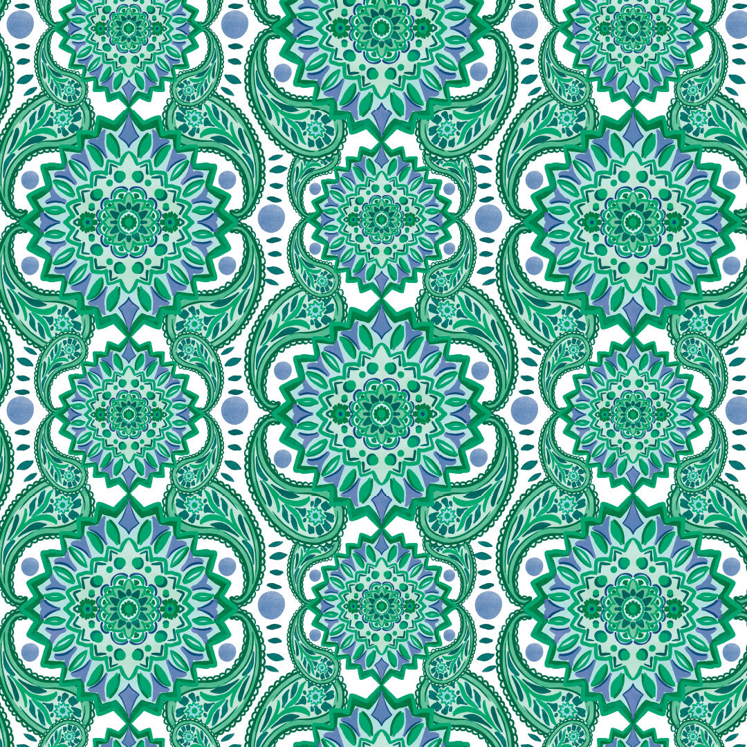 Pattern of green and blue mandalas on a white background