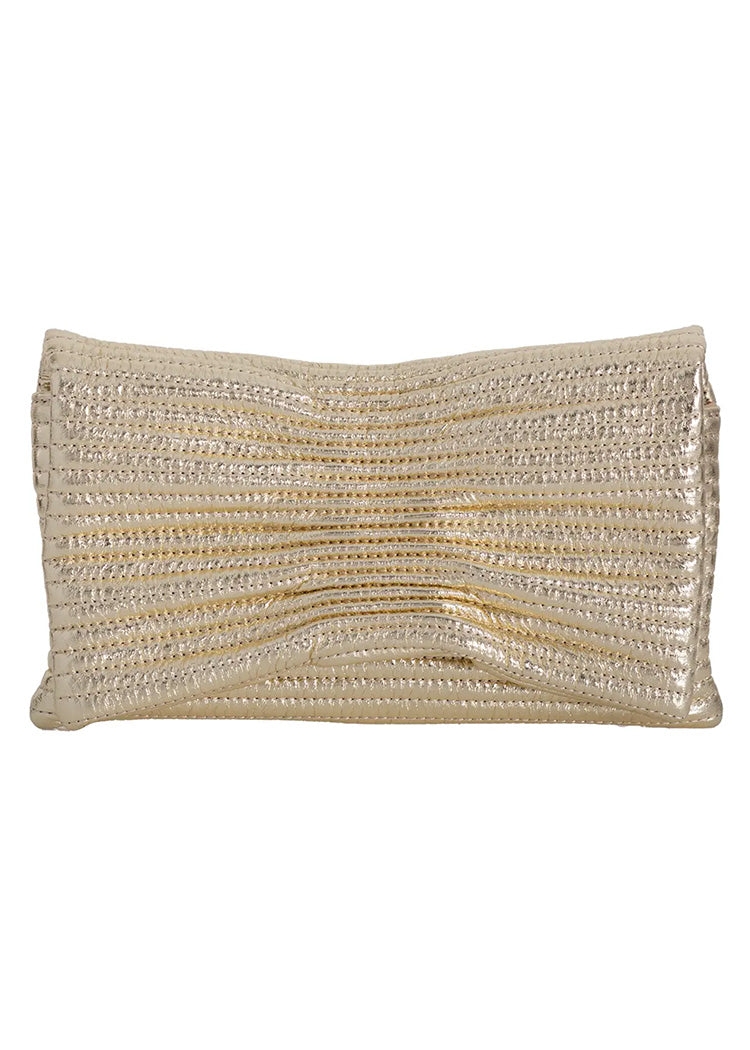 Gold clutch bag with textured surface on a white background