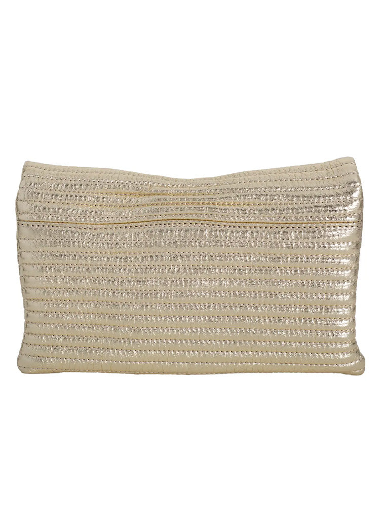 Gold clutch bag with textured surface on a white background