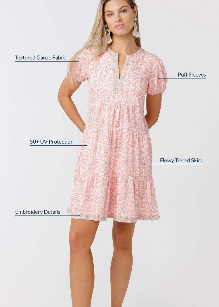 Pink dress with text highlighting features on a white background