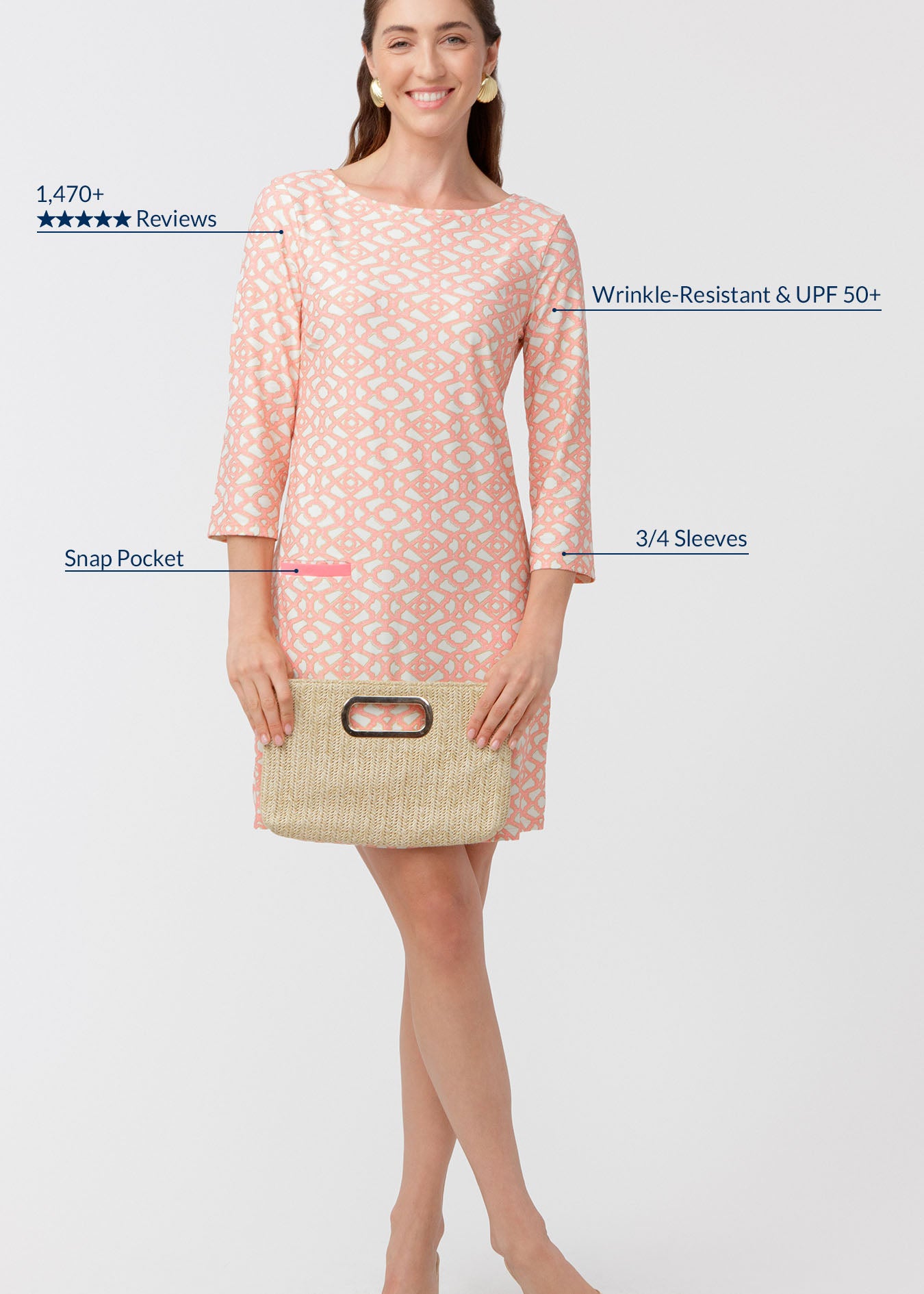 Woman wearing a pink dress with text highlighting features on a white background