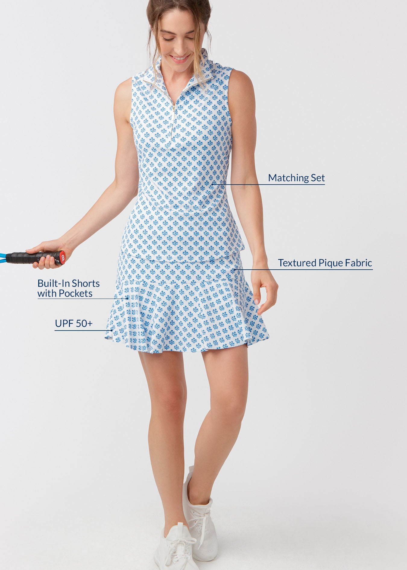 Woman wearing a blue patterned dress with text labels on a white background