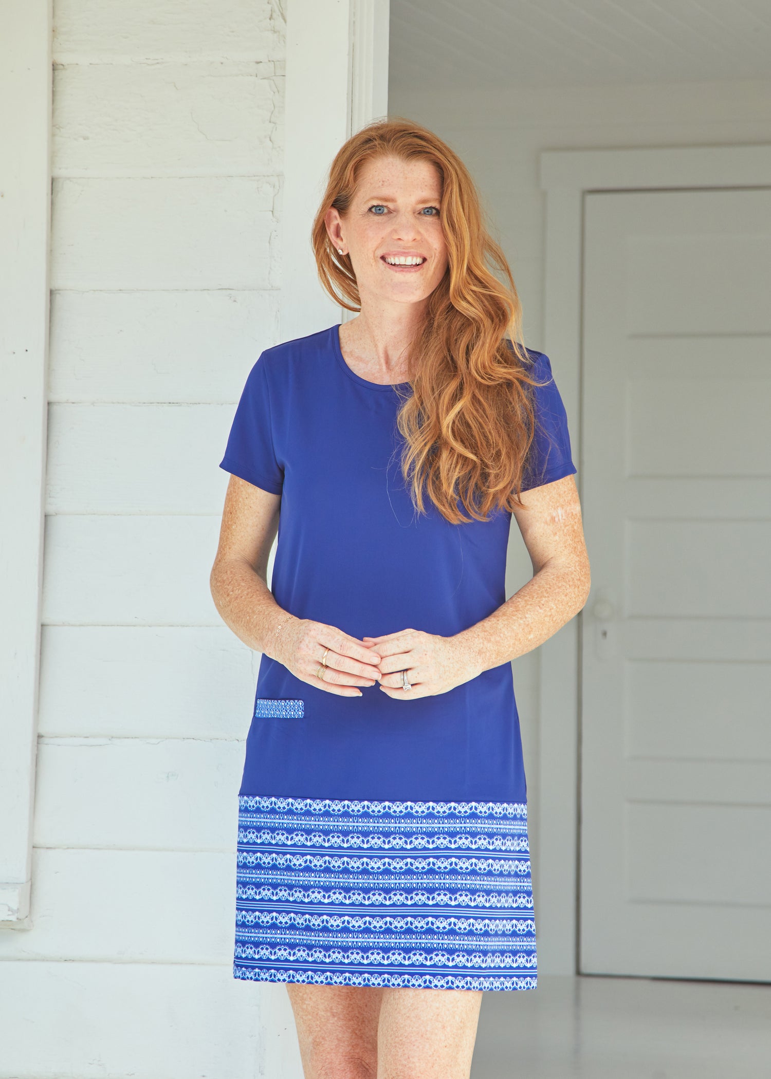 Cabana Life founder wearing blue Cabana Life x Talbots dress