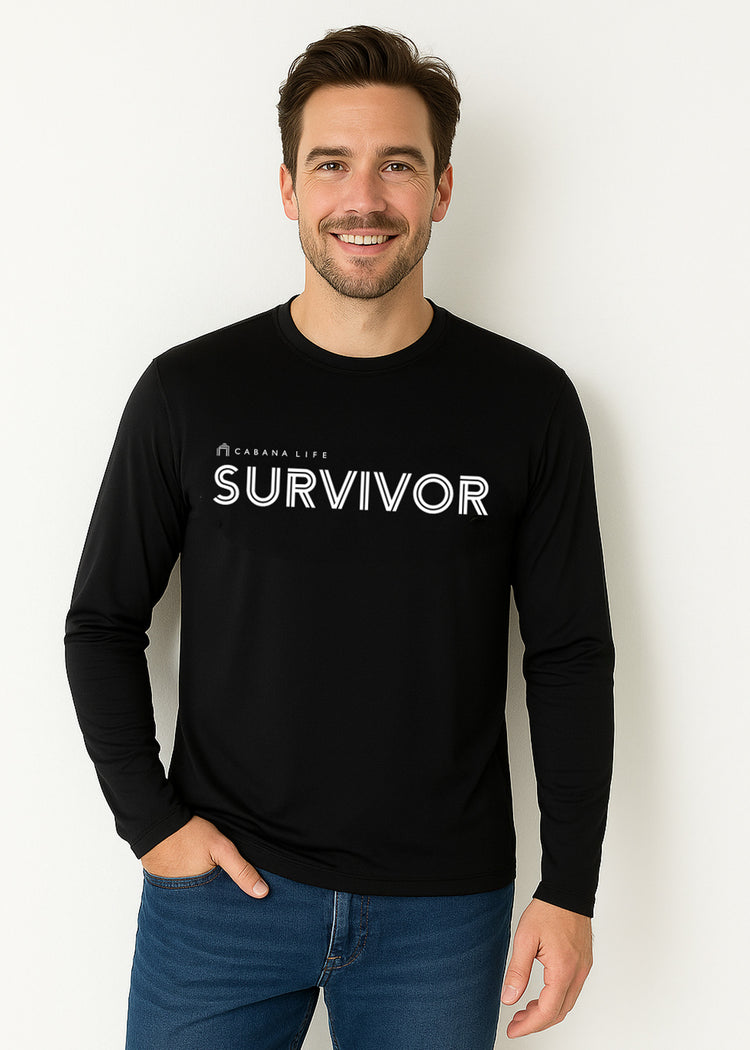 Brunette man in a studio wearing our sun safe Black Unisex Long Sleeve Survivor Performance Shirt.