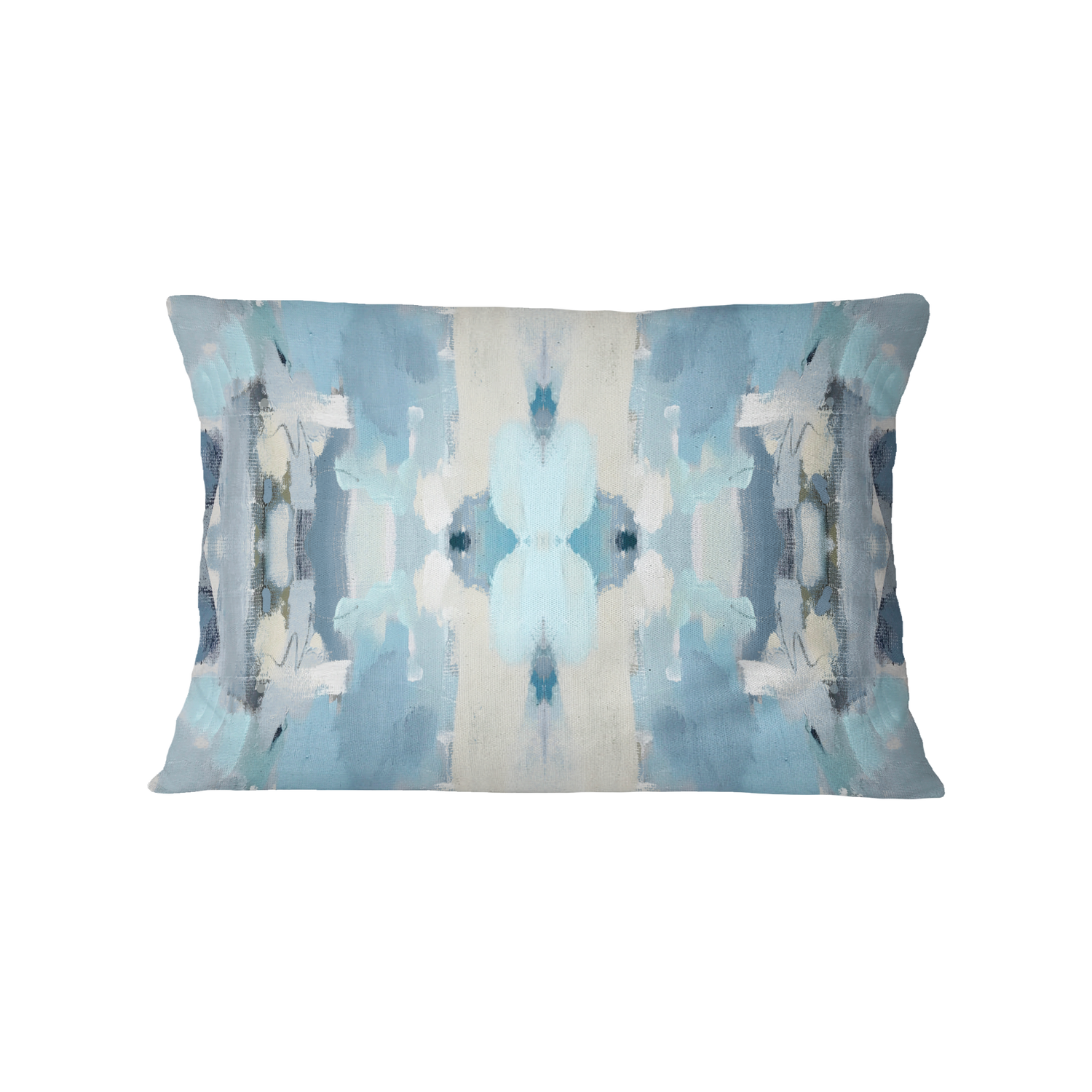 Decorative pillow with abstract blue and beige pattern on a white background